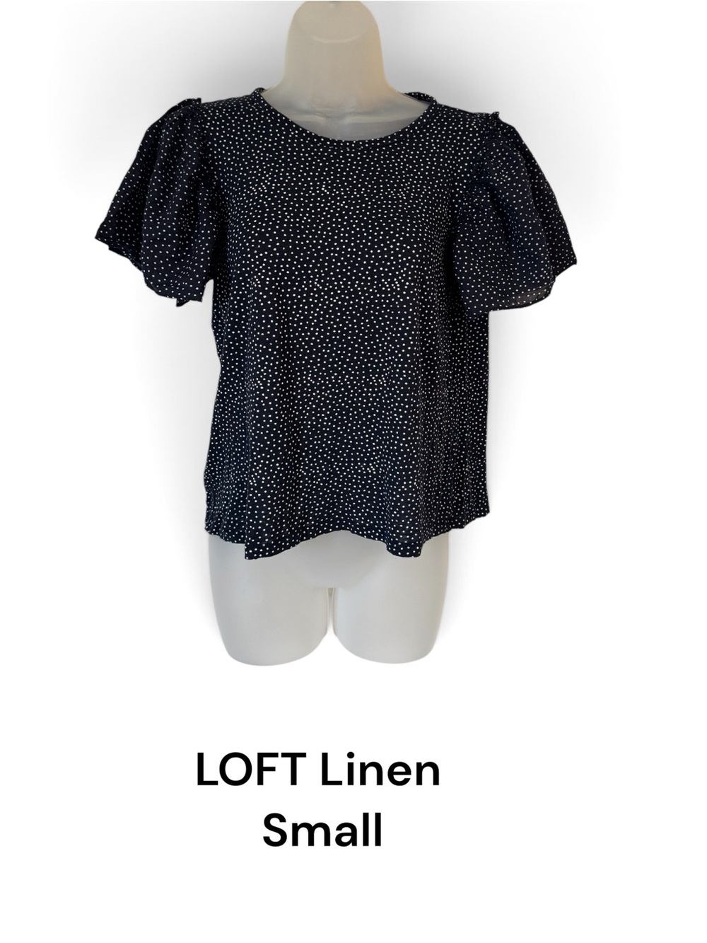 ANN TAYLOR   LOFT LINEN   Navy and White Polka Dot Puff Sleeve Top  SMALL   #X
